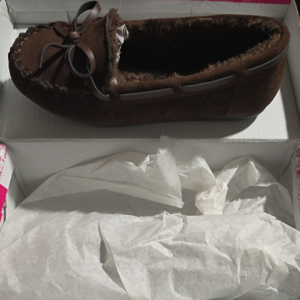 Brown Suede Moccasin Slipper with Bow